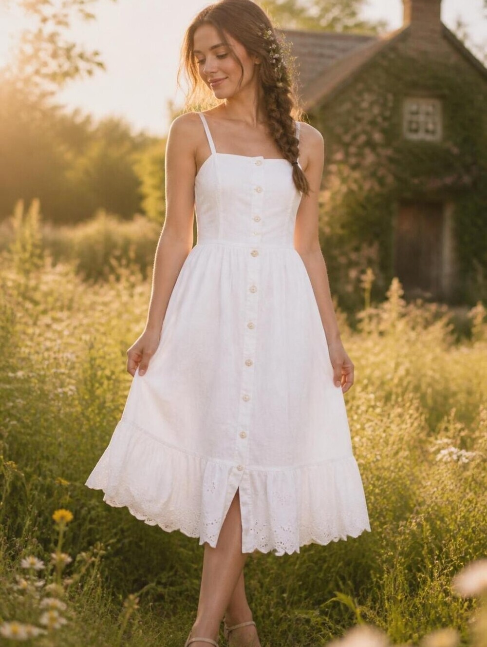 Old Navy Fit & Flare Eyelet Maxi Dress - Cream - XS/S - Country Boho Linen Blend